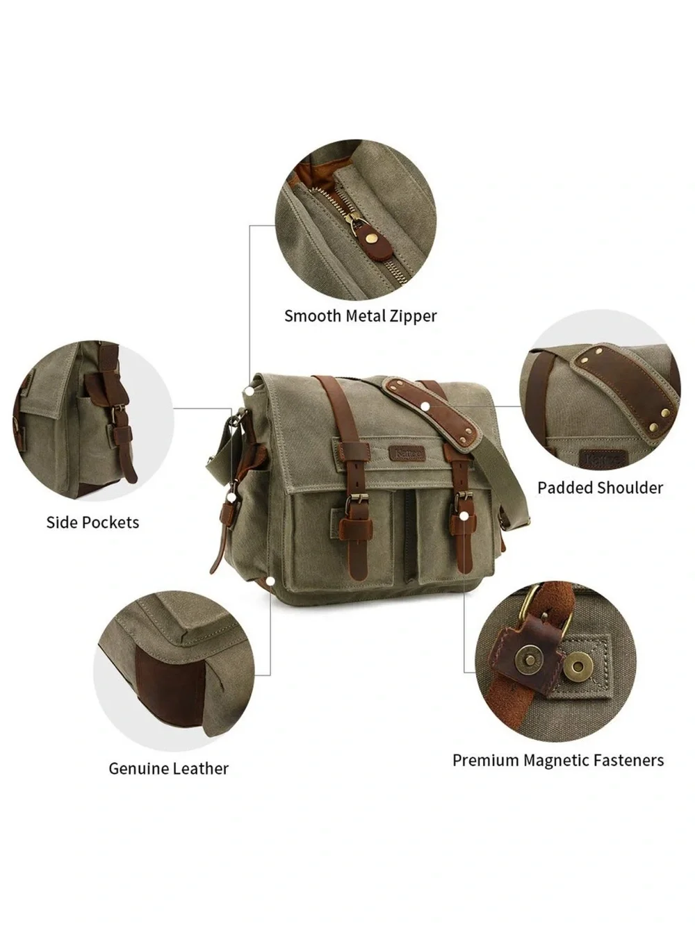 Kattee camera Canvas Messenger Bag dark dusty gray Brown Leather Trim